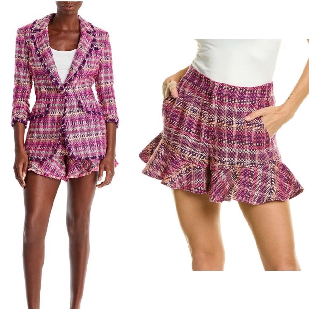 Cinq à Sept Boxweave Lexie Shorts Candy Pink Purple Tweed Ruffled Woven Sz 12